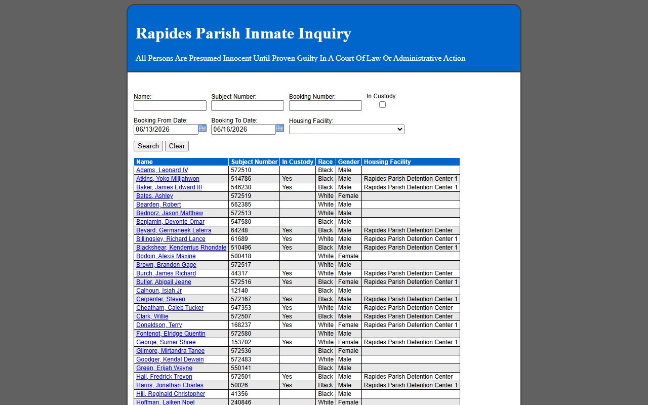 Rapides Parish inmate search New World inquiry screen